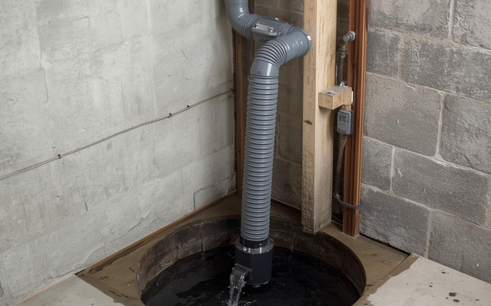 Sump pump with discharge pipe installed in a basement.