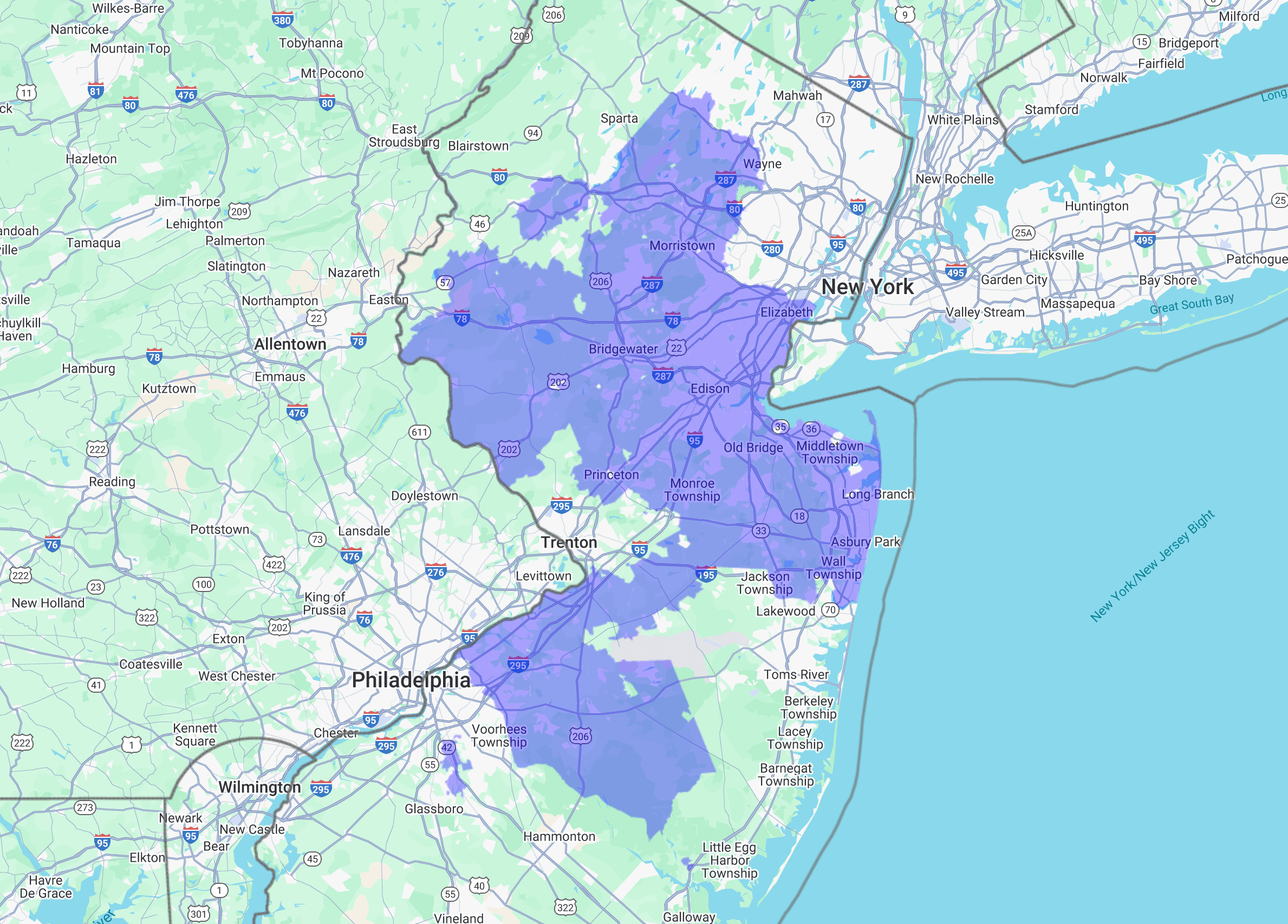 Service area map showing regions in and around Philadelphia and New York, marked in blue.