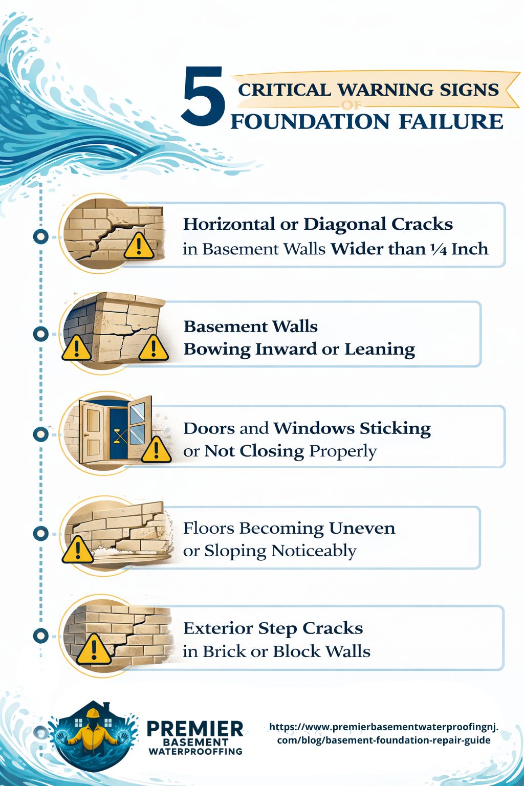 Infographic showing the 5 critical warning signs of foundation failure: 1) Horizontal or diagonal cracks in basement walls wider than 1/4 inch, 2) Basement walls bowing inward or leaning, 3) Doors and windows sticking or not closing properly, 4) Floors becoming uneven or sloping noticeably, 5) Exterior step cracks in brick or block walls - basement foundation repair infographic
