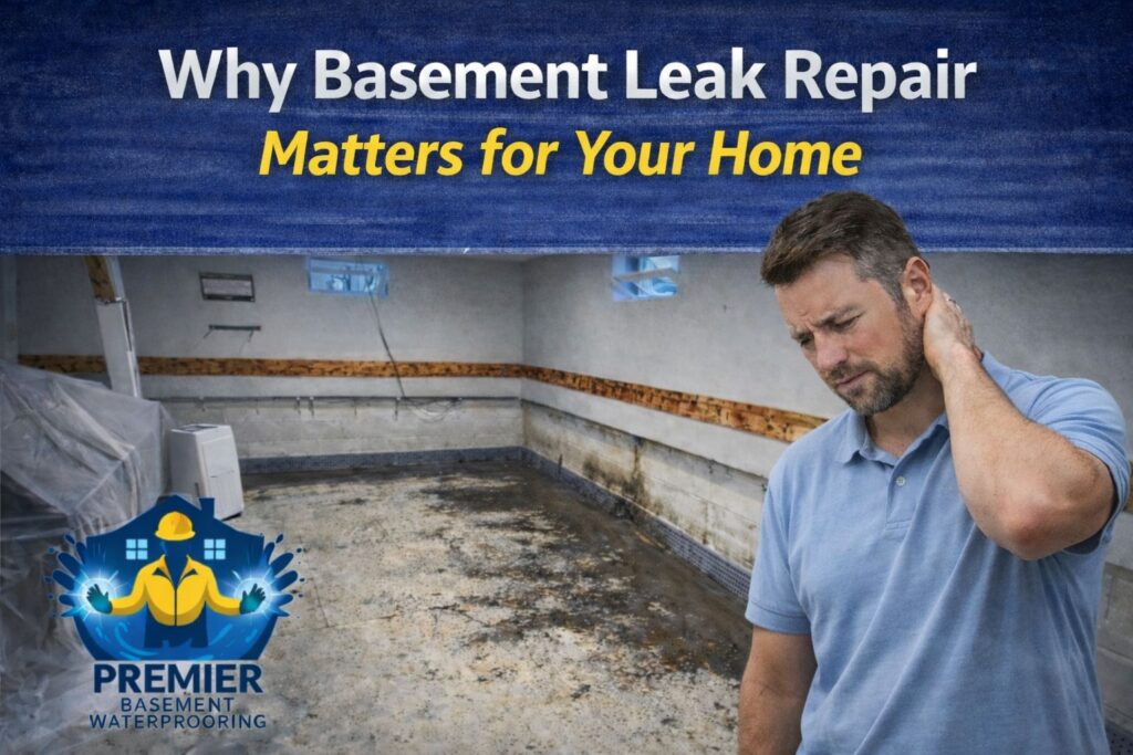 Finished basement showing interior perimeter drainage system installed along foundation walls with exposed concrete floor during basement waterproofing work.