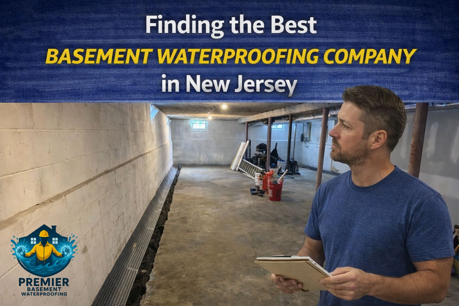 Basement floor with a new drainage system installed along the wall.