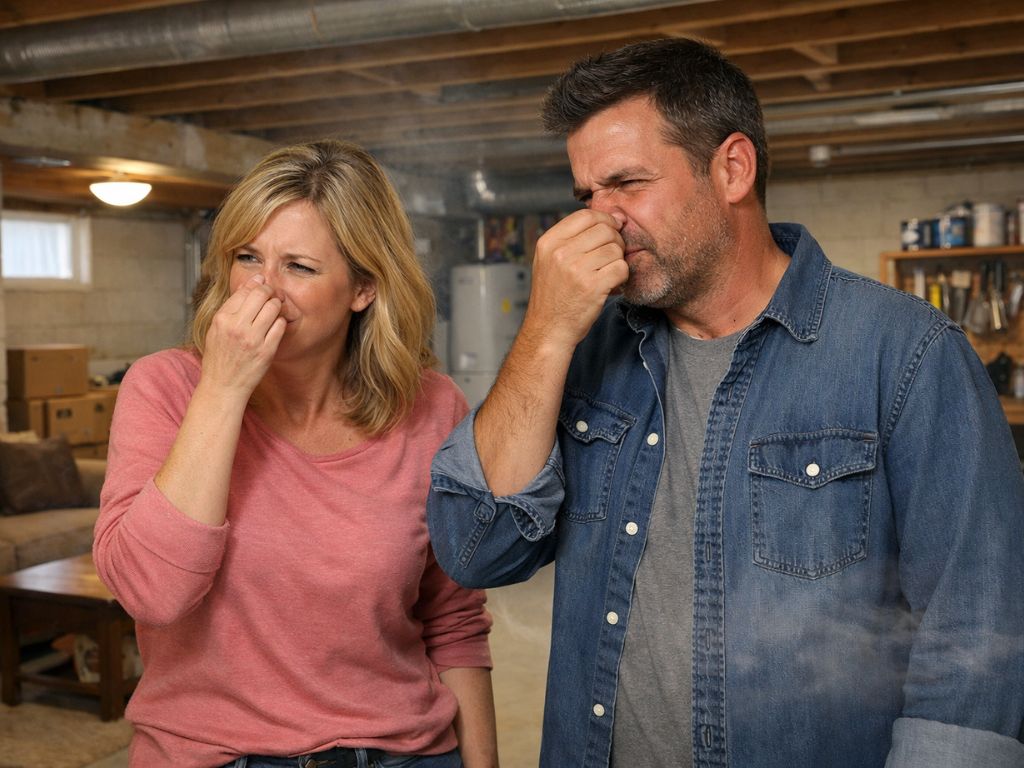 Homeowners reacting to musty odors from damp basement carpet, highlighting the problem of lingering smells and the need for proper odor elimination.