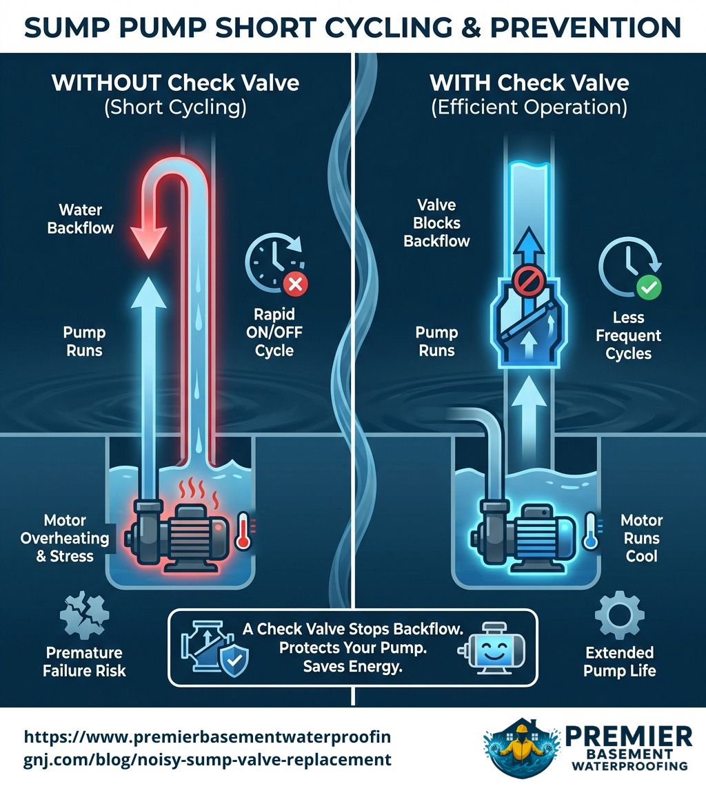 Sump pump short cycling infographic - sump pump check valve replacement infographic 