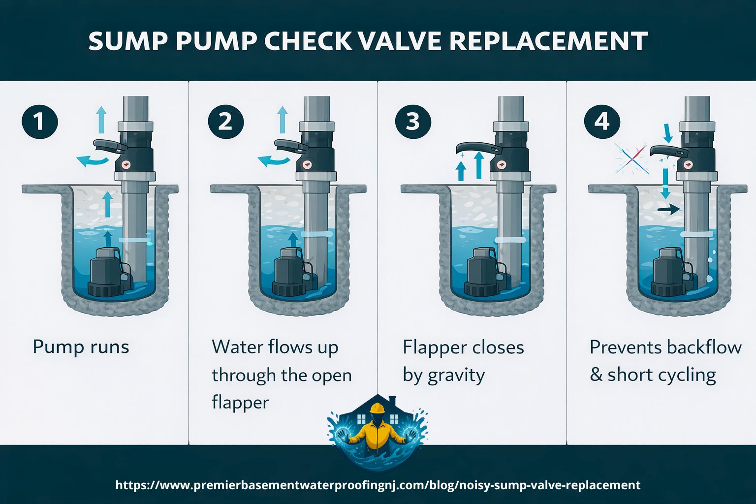 Horizontal infographic showing 4 steps of sump pump check valve operation to prevent backflow and short cycling.