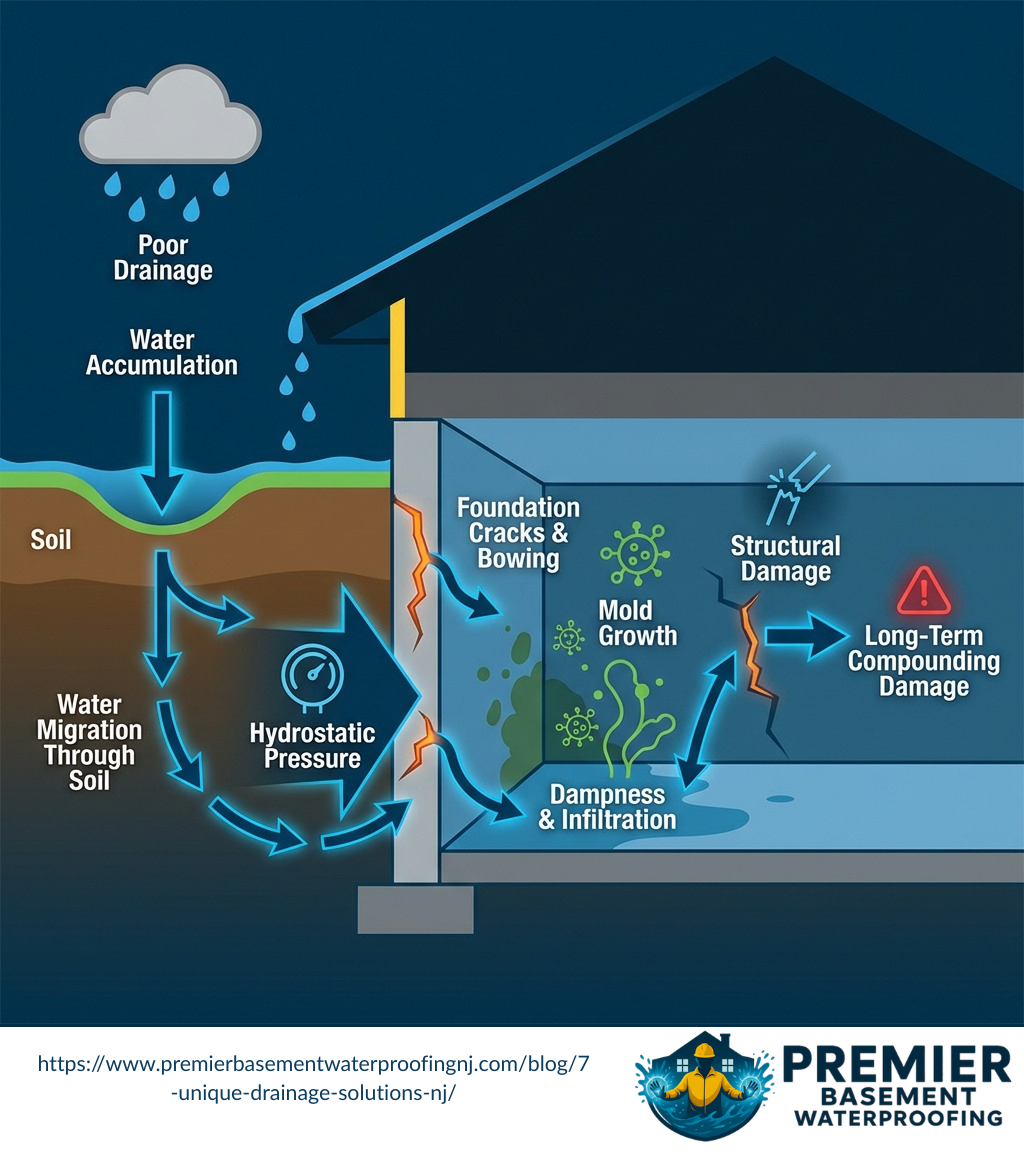 user-inserted Infographic showing how water travels from poor drainage through soil to basement, causing foundation cracks, hydrostatic pressure, mold growth, and structural damage, with arrows indicating the path and labeled consequences at each stage - drainage solutions nj infographic