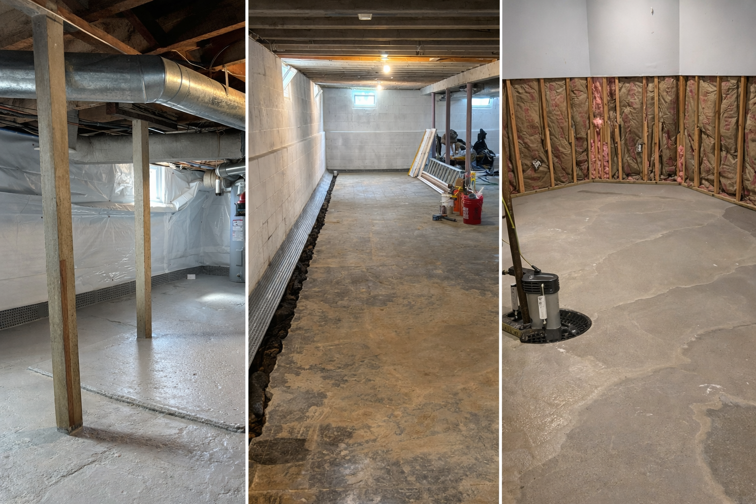 user-inserted Basement undergoing waterproofing, showing three stages: the first with exposed ductwork and vapor barriers, the second with an interior drainage system being installed along the perimeter, and the third with a sump pump setup and smooth concrete floor, highlighting the process of preparing a basement for waterproofing.