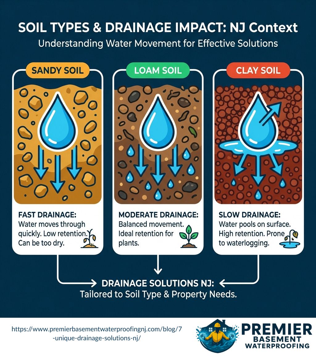 user-inserted A diagram illustrating different soil types and their impact on drainage - drainage solutions nj infographic
