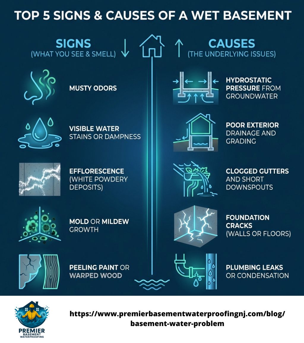 user-inserted Infographic showing the top 5 signs of a wet basement: musty odors, visible water stains or dampness, efflorescence (white powdery deposits), mold or mildew growth, and peeling paint or warped wood. The top 5 causes: hydrostatic pressure from groundwater, poor exterior drainage and grading, clogged gutters and short downspouts, foundation cracks (walls or floors), and plumbing leaks or condensation. - basement water problem infographic