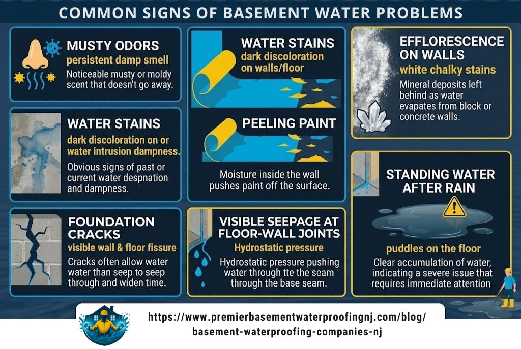 A detailed infographic titled "Common Signs of Basement Water Problems" using a navy blue and yellow color scheme. It features several labeled panels including musty odors, water stains, peeling paint, efflorescence, foundation cracks, floor-wall joint seepage, and standing water. The bottom banner reads "Premier Basement Waterproofing: Your NJ Basement Experts."