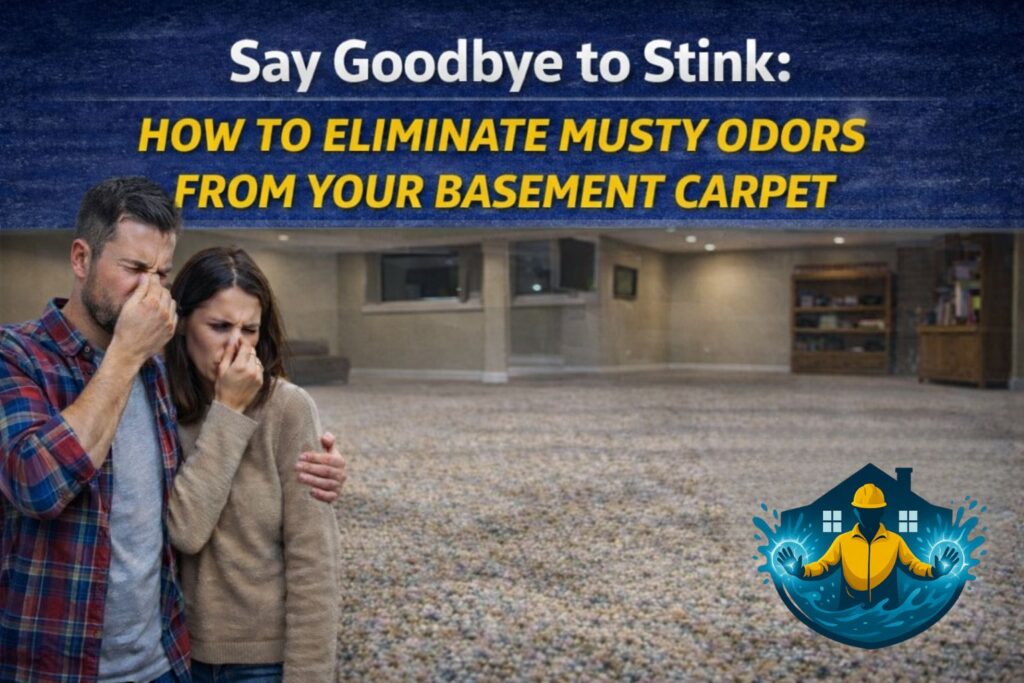 Homeowners reacting to musty odors from damp basement carpet, highlighting the problem of lingering smells and the need for proper odor elimination.