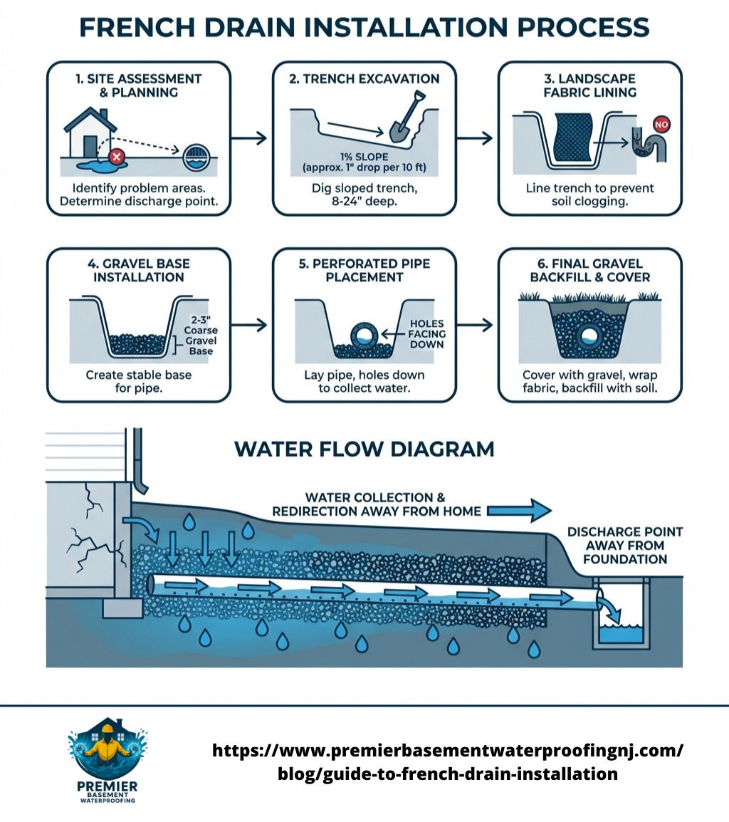 Infographic showing the complete french drain installation process: site assessment with problem areas marked, trench excavation with proper slope calculation, landscape fabric lining, gravel base layer installation, perforated pipe placement with holes facing downward, final gravel backfill, and water flow diagram showing collection from saturated soil through pipe to discharge point away from foundation - french drain installation infographic Infographic showing the complete french drain installation process: site assessment with problem areas marked, trench excavation with proper slope calculation, landscape fabric lining, gravel base layer installation, perforated pipe placement with holes facing downward, final gravel backfill, and water flow diagram showing collection from saturated soil through pipe to discharge point away from foundation - french drain installation infographic