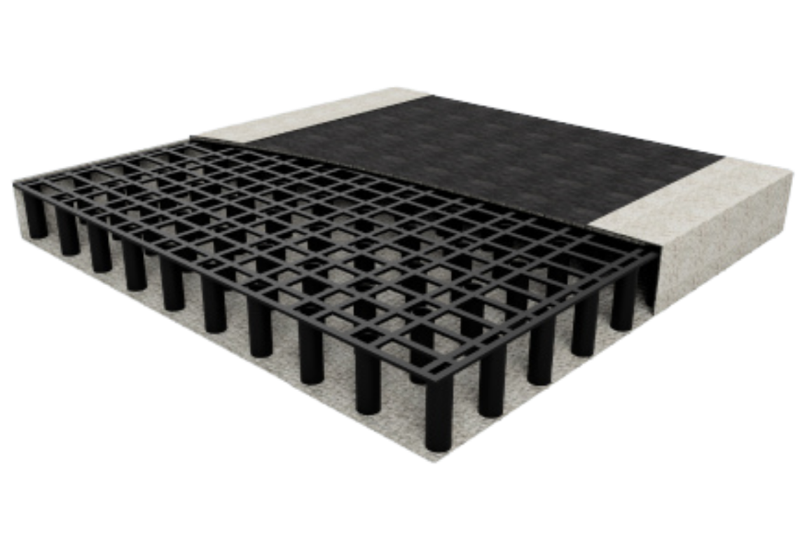 A 3D cutaway diagram of a HydraPanel strip drainage system installed beneath a basement floor, showing the black high-flow drainage core and its integration with the concrete slab for hydrostatic pressure relief.