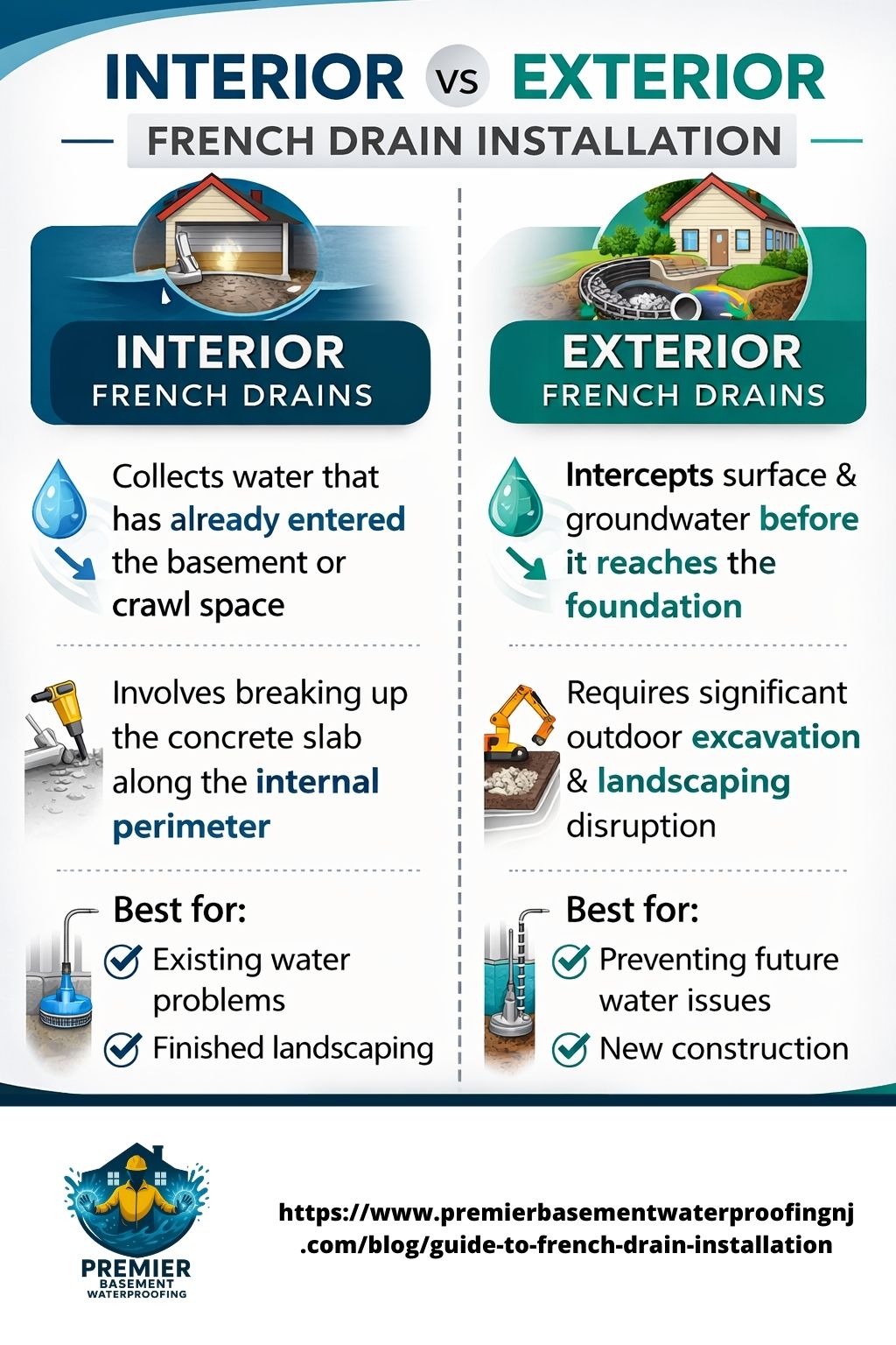 user-inserted Comparison of Interior vs. Exterior French Drains: Interior drains collect water inside and require breaking up the slab. Best for existing water issues. Exterior drains prevent water from reaching the foundation and require excavation. Best for future water prevention and new construction.