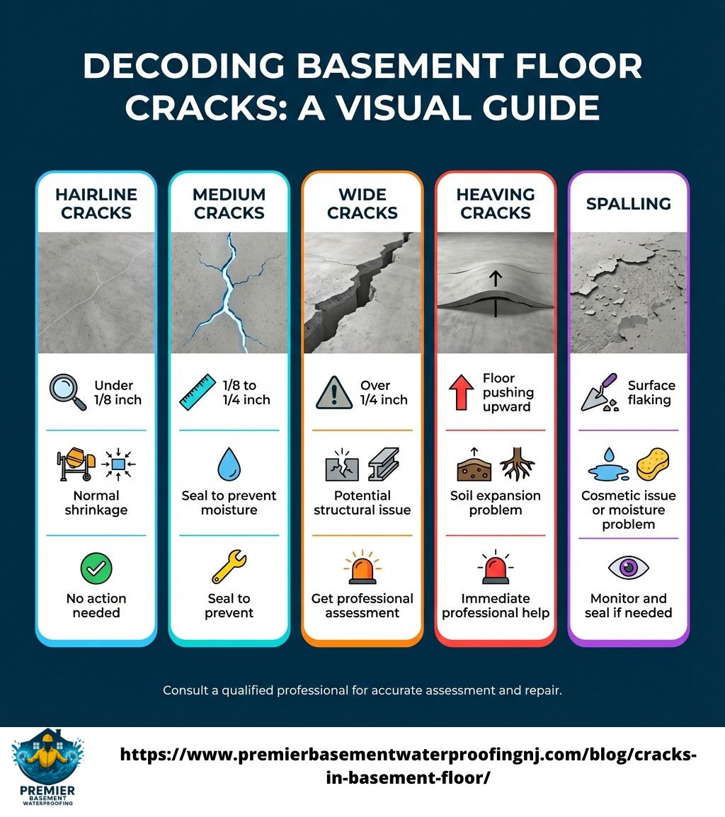 user-inserted Infographic explaining different types of basement floor cracks, including hairline cracks, medium cracks, wide cracks, heaving cracks, and spalling. The guide offers suggestions on how to address each type, from sealing for moisture to seeking professional assessment for structural issues.