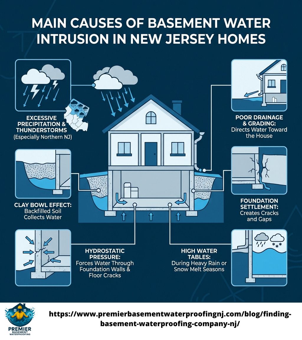 Infographic detailing the main causes of basement water intrusion in New Jersey homes, including excessive precipitation, poor drainage, foundation settlement, hydrostatic pressure, clay bowl effect, and high water tables. It highlights the factors contributing to water damage in basements and the need for proper waterproofing solutions.