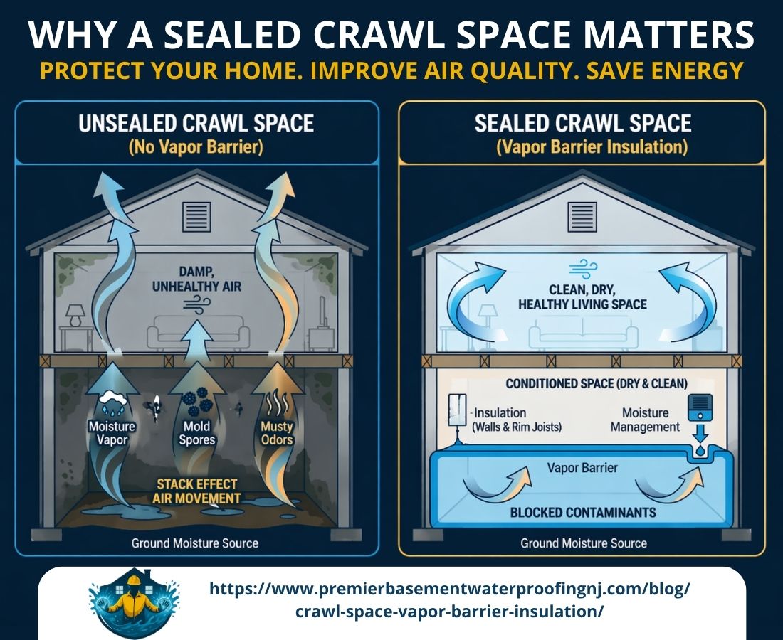 Comparison of unsealed versus sealed crawl spaces, highlighting the benefits of vapor barrier insulation for moisture control, improved air quality, and energy efficiency. Learn how sealing your crawl space prevents mold, moisture, and odors while promoting a healthy home environment.