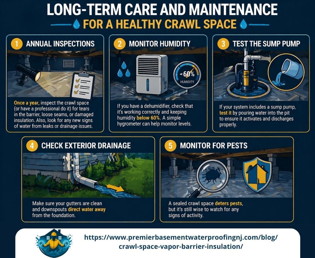 Infographic detailing long-term care and maintenance for a healthy crawl space, including annual inspections, humidity monitoring, sump pump testing, exterior drainage checks, and pest monitoring. Learn how these steps protect your home from moisture, mold, and pests.