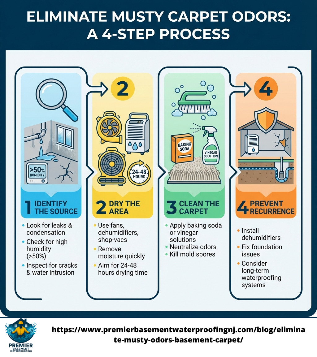 user-inserted Infographic detailing a 4-step process to eliminate musty carpet odors in basements. Steps include identifying the source of moisture, drying the area, cleaning the carpet with solutions like baking soda and vinegar, and preventing recurrence by installing dehumidifiers and addressing foundation issues.