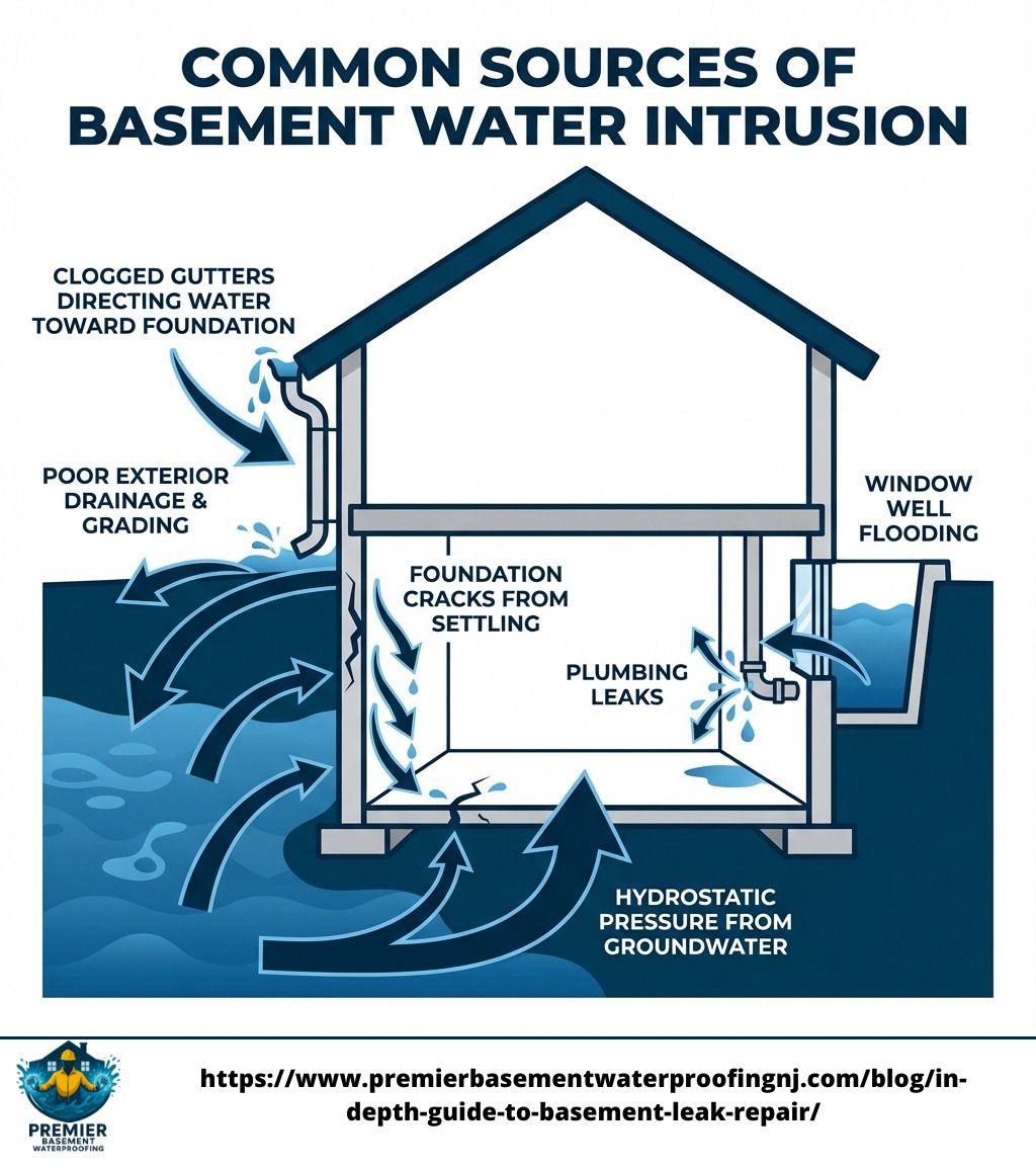 user-inserted Infographic illustrating common sources of basement water intrusion: clogged gutters, poor drainage, foundation cracks, plumbing leaks, window well flooding, and hydrostatic pressure from groundwater. These issues emphasize the importance of basement leak repair to prevent water damage.