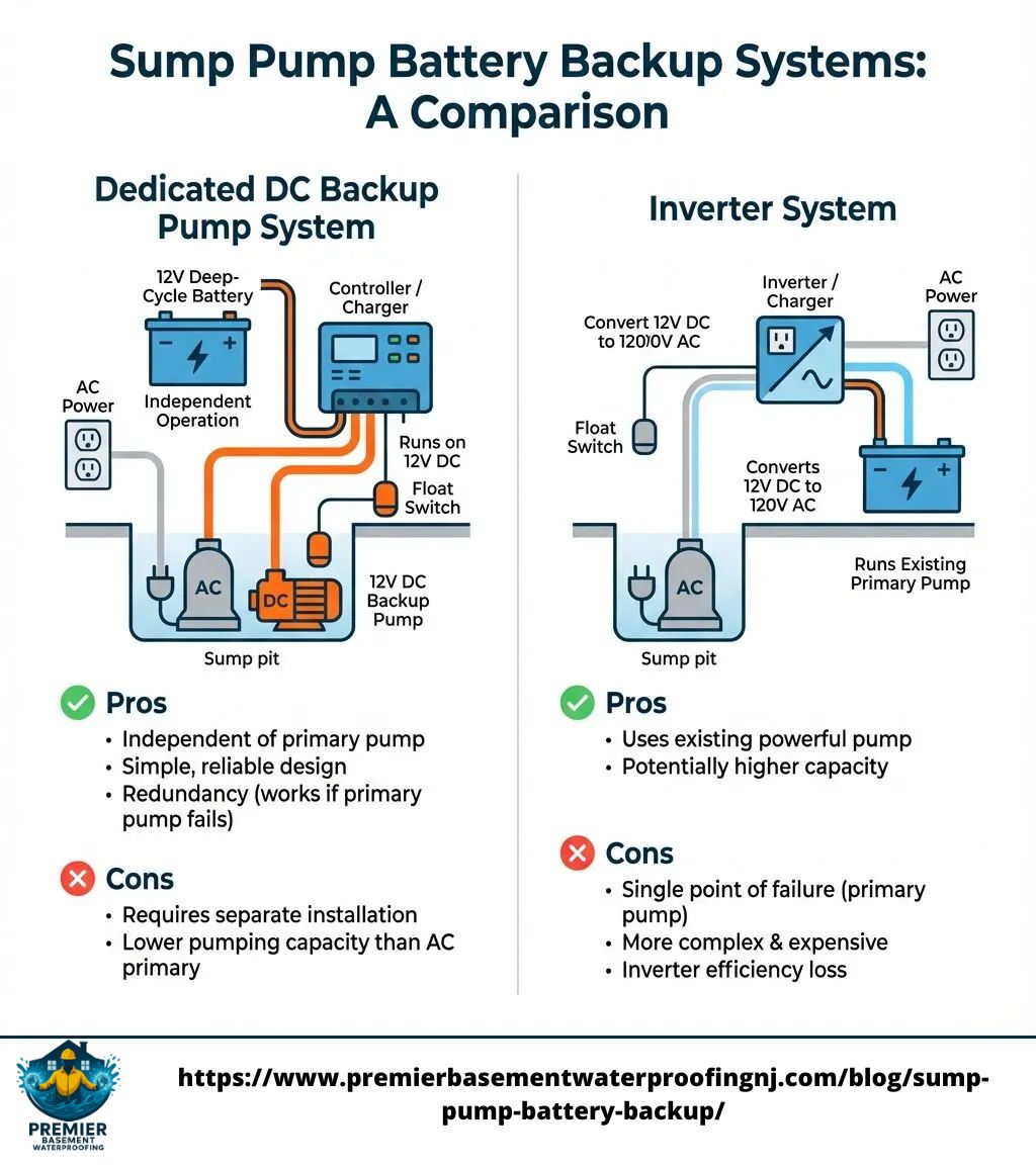 Infographic comparing two types of sump pump battery backup systems: Dedicated DC Backup Pump System and Inverter System. It outlines the pros and cons of each system, including differences in installation, reliability, and capacity, to help homeowners choose the best backup solution for their basement