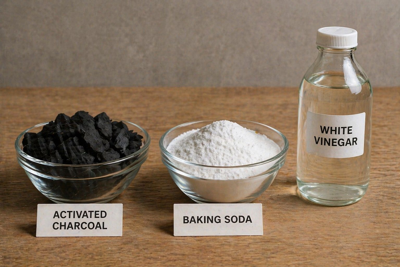 user-inserted Bowls of activated charcoal, baking soda, and a bottle of white vinegar, all labeled as effective solutions for absorbing odors and neutralizing musty basement smells.