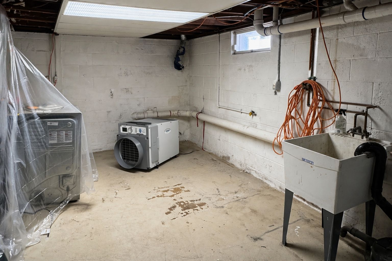 user-inserted Basement with a dehumidifier running, showcasing a solution to combat musty odors and excess moisture. The image highlights a clean, dry space with exposed pipes, electrical cords, and a utility sink.