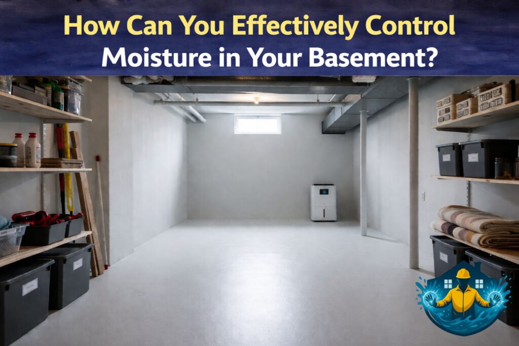 Basement with moisture control solutions, including a dehumidifier to effectively manage humidity levels and prevent water damage. Shelves and storage bins provide organization in a clean, dry basement environment