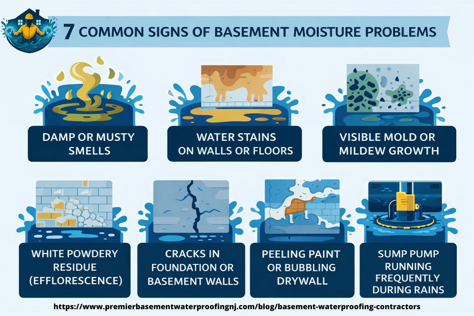 user-inserted infographic showing 7 common signs of basement moisture problems