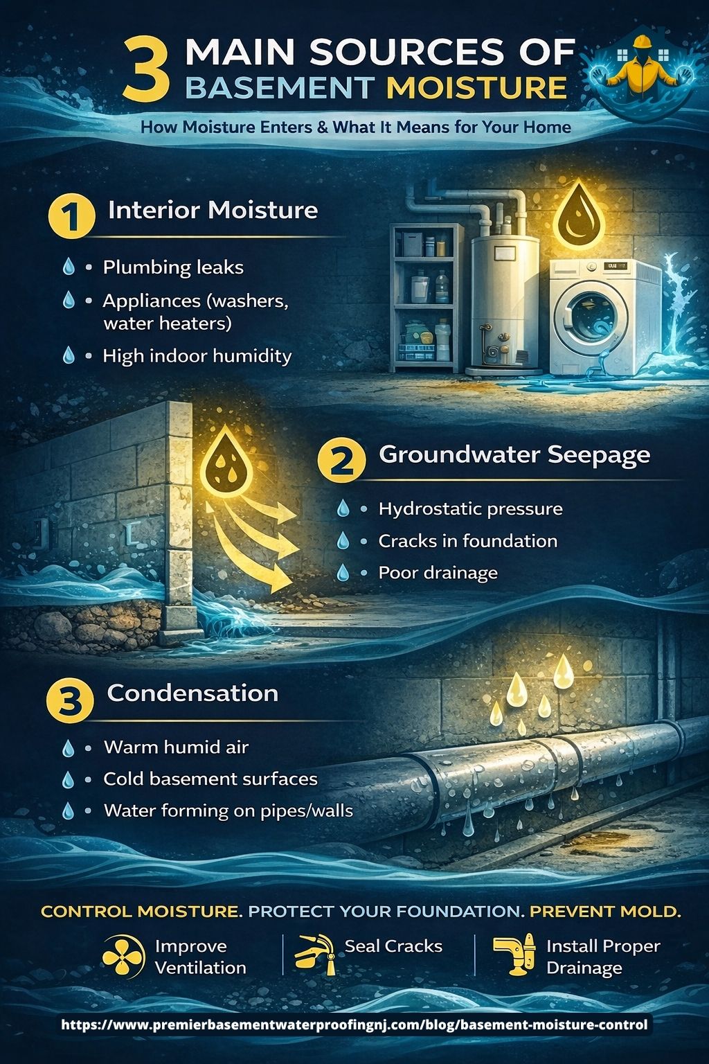 Infographic illustrating the three main sources of basement moisture: interior moisture from plumbing leaks and high humidity, groundwater seepage from poor drainage and foundation cracks, and condensation from warm air on cold surfaces. Provides tips for controlling moisture and protecting your foundation.