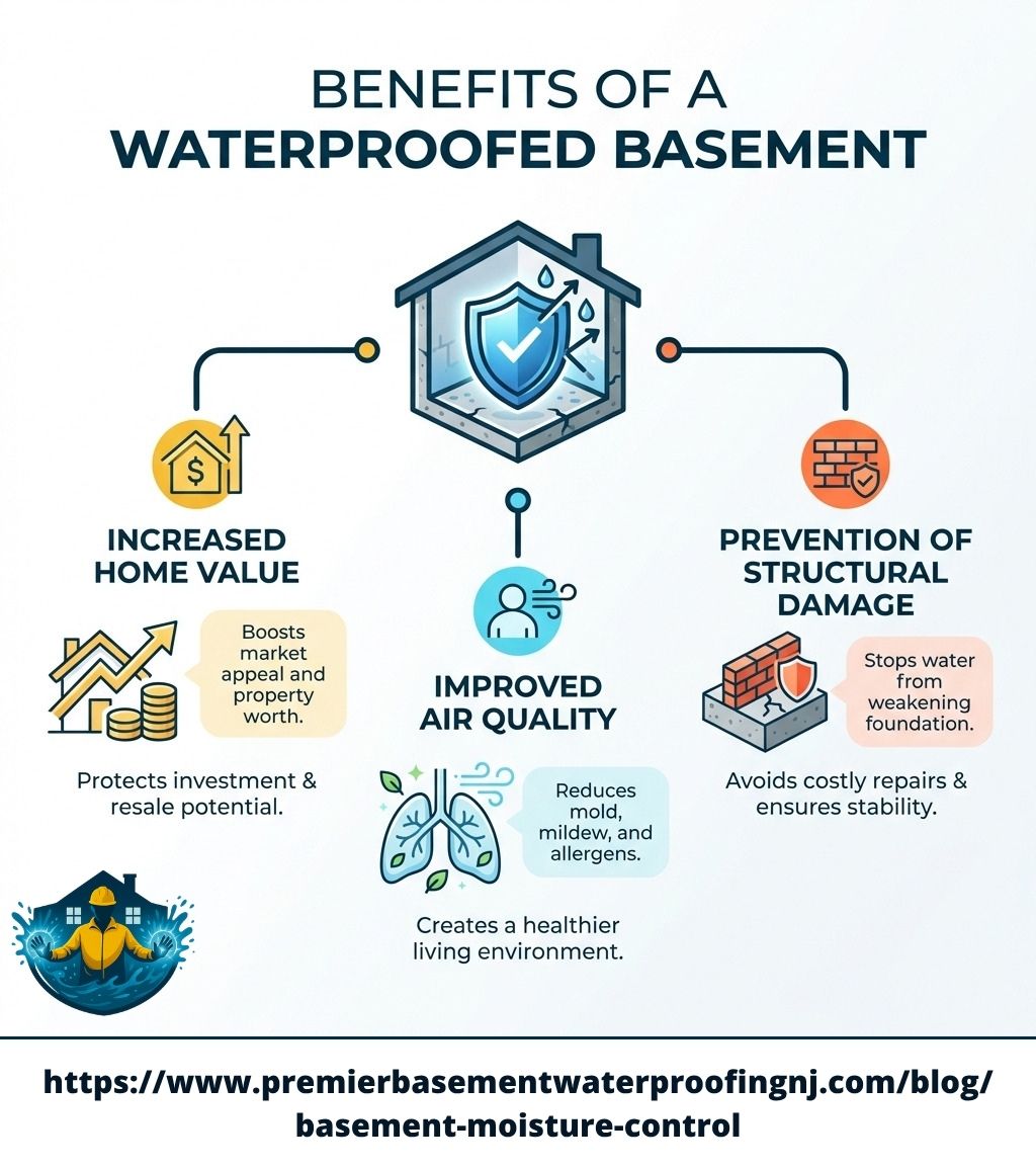 infographic showing the benefits of a waterproofed basement