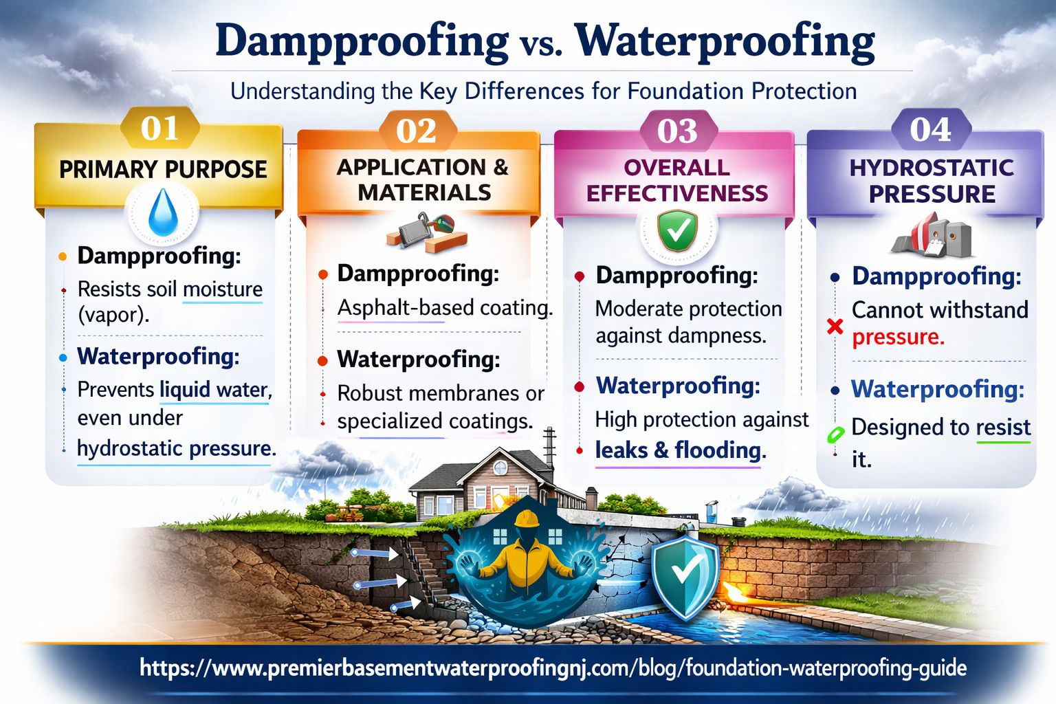 user-inserted Infographic comparing dampproofing and waterproofing for foundation protection. Highlights differences in primary purpose, materials, effectiveness, and resistance to hydrostatic pressure. Dampproofing resists soil moisture, while waterproofing prevents liquid water and offers high protection against leaks and flooding.