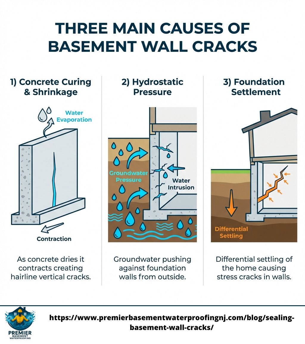 user-inserted Infographic illustrating the three main causes of basement wall cracks: concrete curing and shrinkage, hydrostatic pressure from groundwater, and foundation settlement. The image highlights how each cause leads to cracks in basement walls and the importance of sealing them.