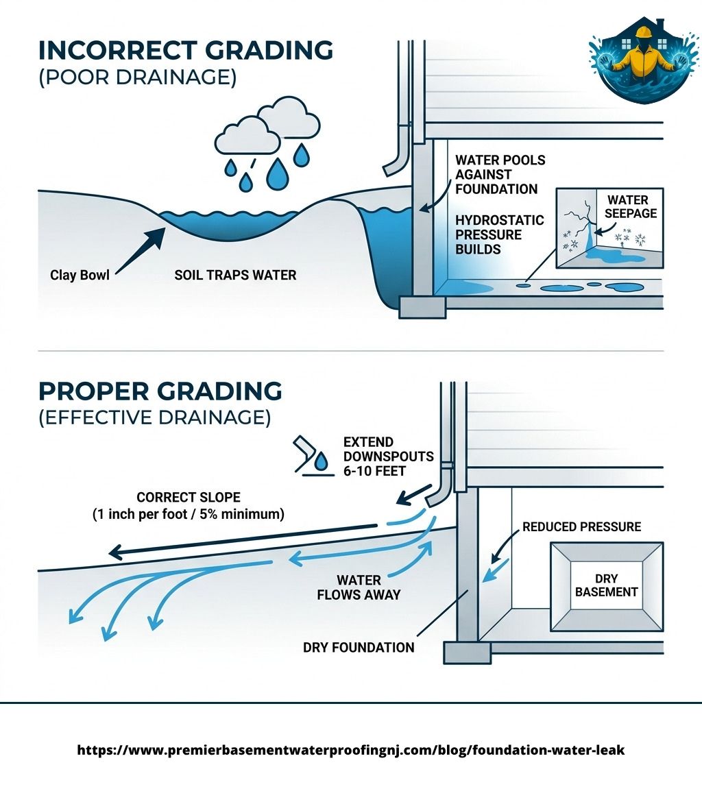 Infographic showing how proper yard grading slopes away from the foundation to prevent water pooling - foundation water leak