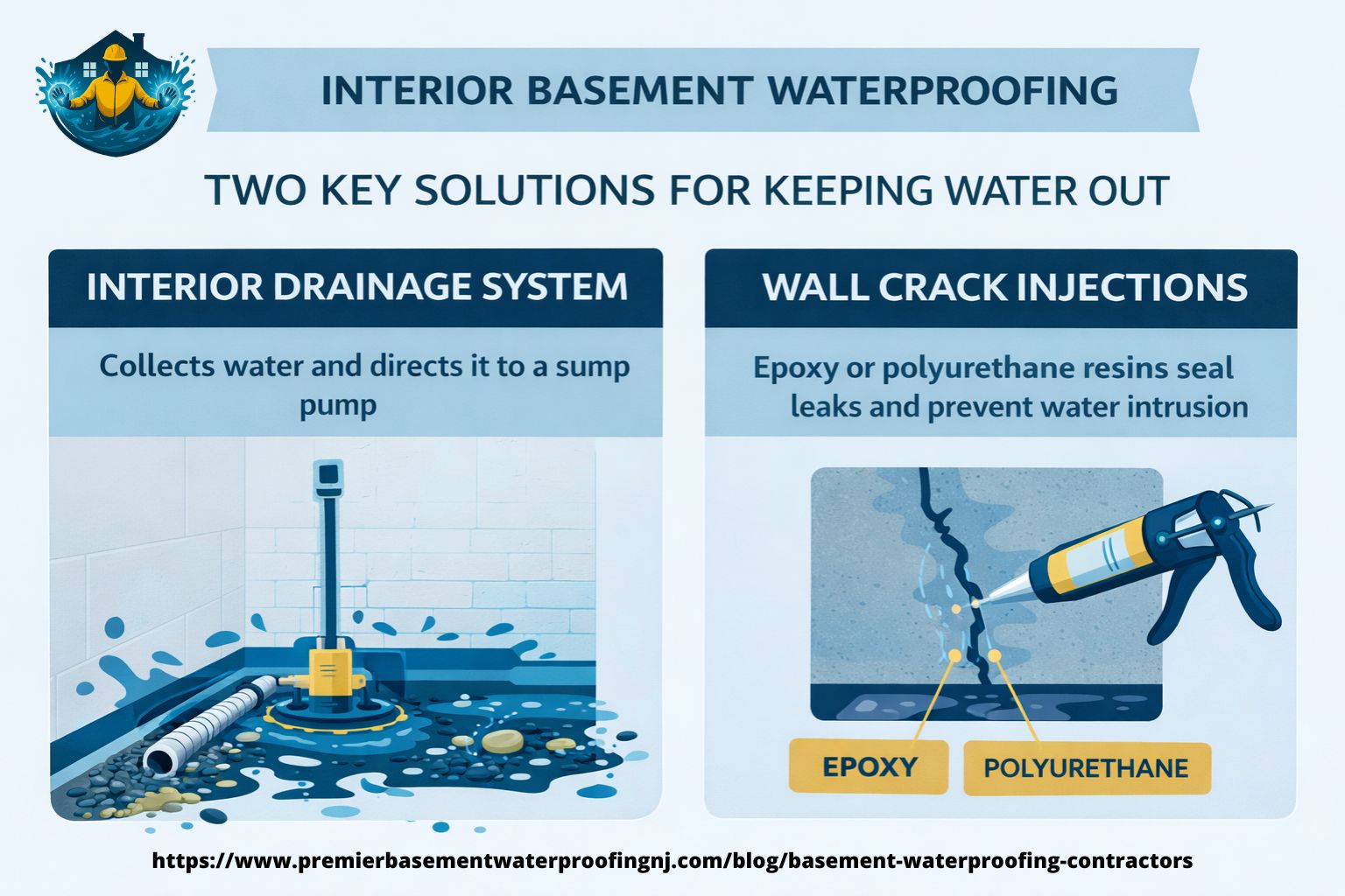 user-inserted Infographic on interior basement waterproofing, showcasing two key solutions