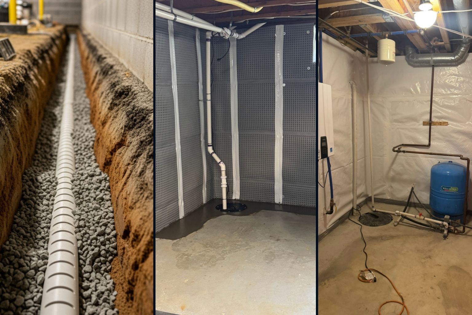 user-inserted Three images showcasing an interior drainage system, sump pump installation, and vapor barrier in a basement. The first image shows a trench for drainage pipes, the second highlights a sump pump setup, and the third features a completed basement with vapor barrier and sump pump for moisture control to prevent musty smells.