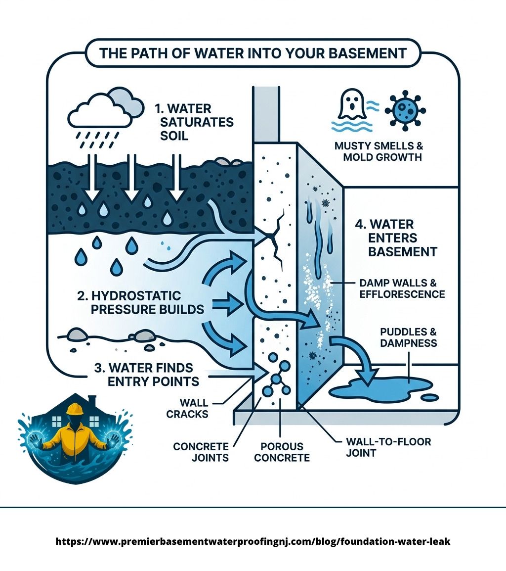 Infographic showing the path of water from saturated soil through foundation walls into a basement - foundation water leak