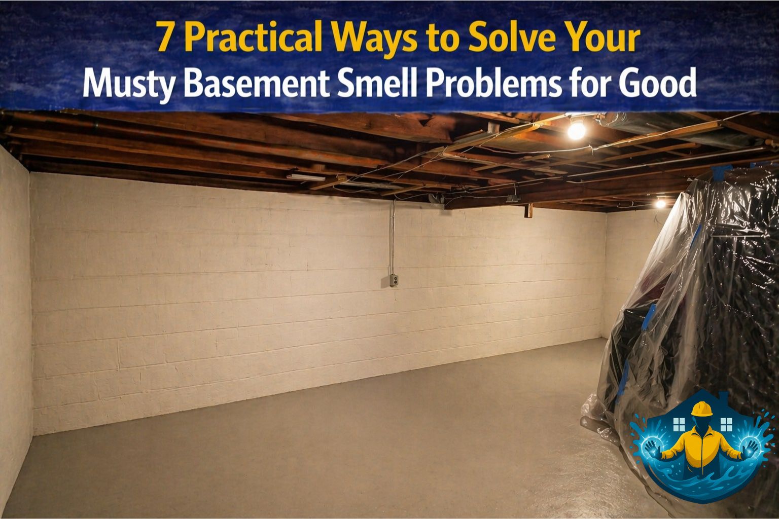 Empty basement with exposed beams and plastic sheeting on one corner, illustrating a clean space where solutions to musty basement smell problems can be applied. The image highlights tips to solve basement odor issues. Includes logo for water damage and mold remediation services.