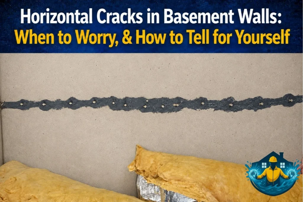 Horizontal crack in a basement wall, indicating potential foundation issues.