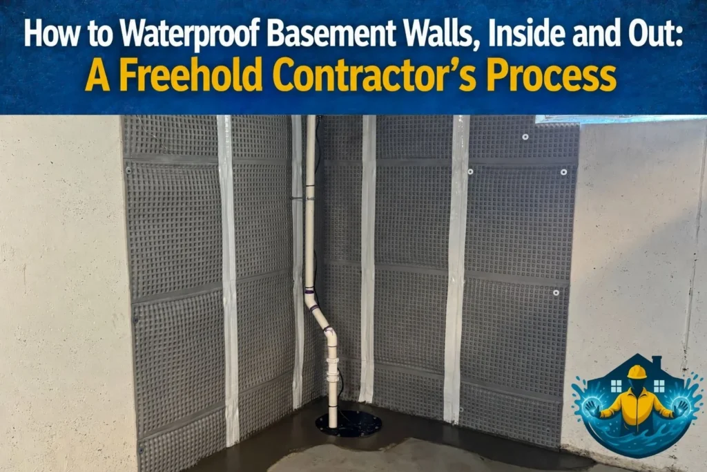 Exterior waterproofing membrane applied to a basement wall in Freehold, NJ.