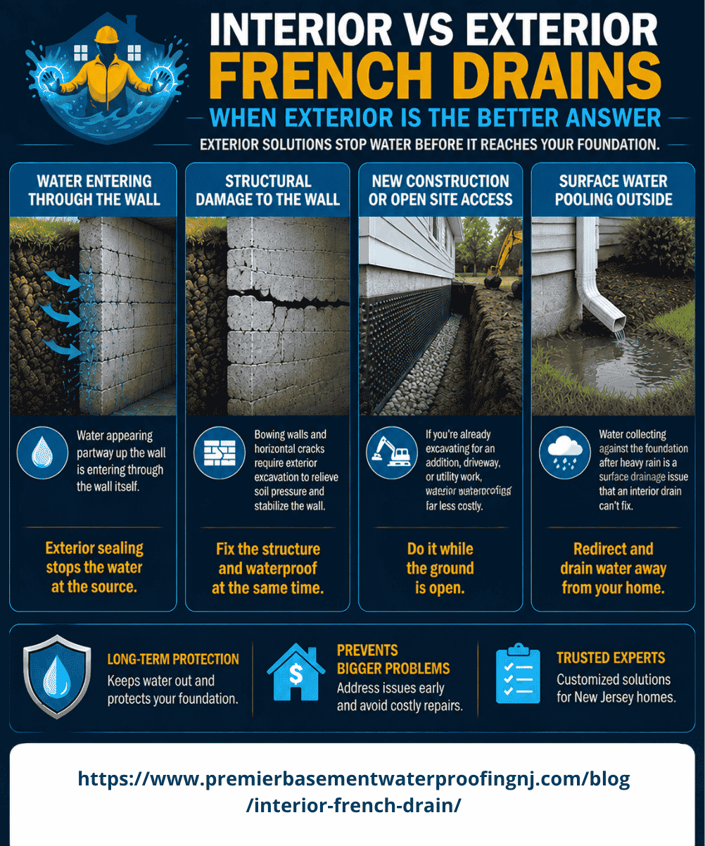 Infographic explaining four situations where exterior basement waterproofing is the better choice.