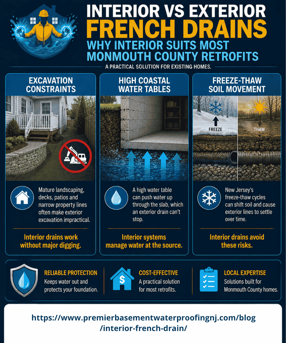 Infographic explaining why an interior French drain suits many homes, detailing challenges like excavation limits (mature landscaping and tight lines), high water tables (groundwater under the slab), and freeze-thaw cycles (soil movement). It also emphasizes benefits like reliable protection, cost-effectiveness, and local expertise.