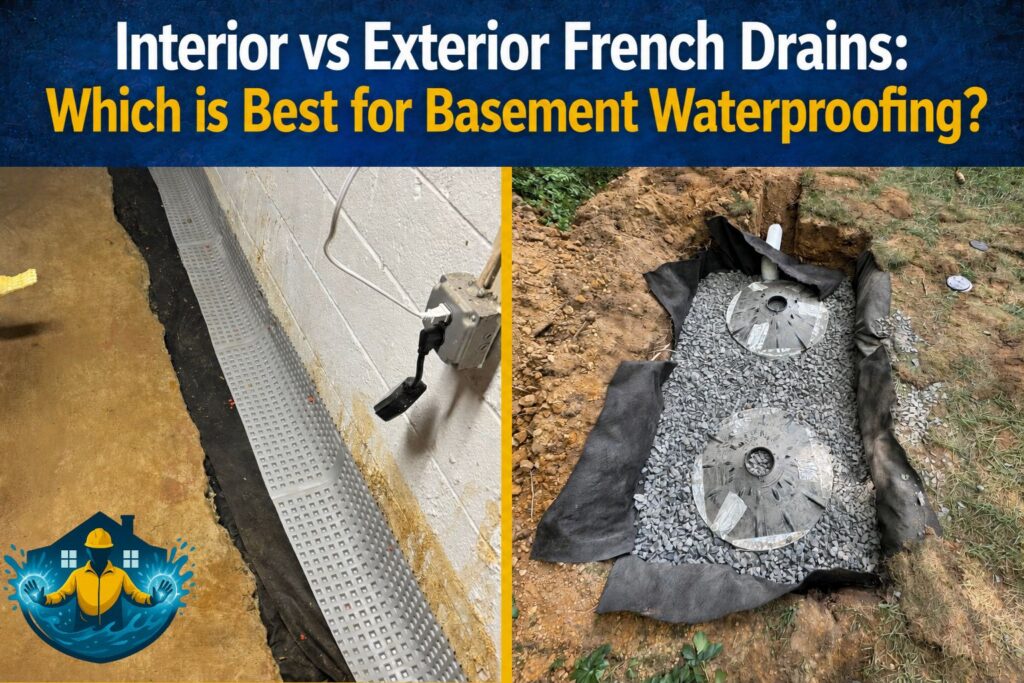 Diagram showing interior french drain installation steps for basement waterproofing.