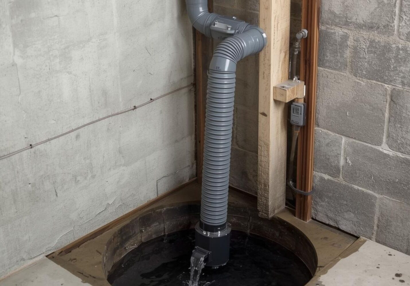 Sump pump with discharge pipe installed in a basement.